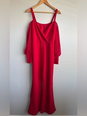 Fashion Nova Red Off the Shoulder Cocktail Jumpsuit Wrap Style V-Neckline XL